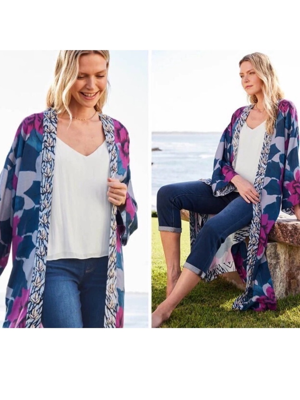 Soft Surroundings Artika Kimono Topper floral print puka shell trim S/M bohemian